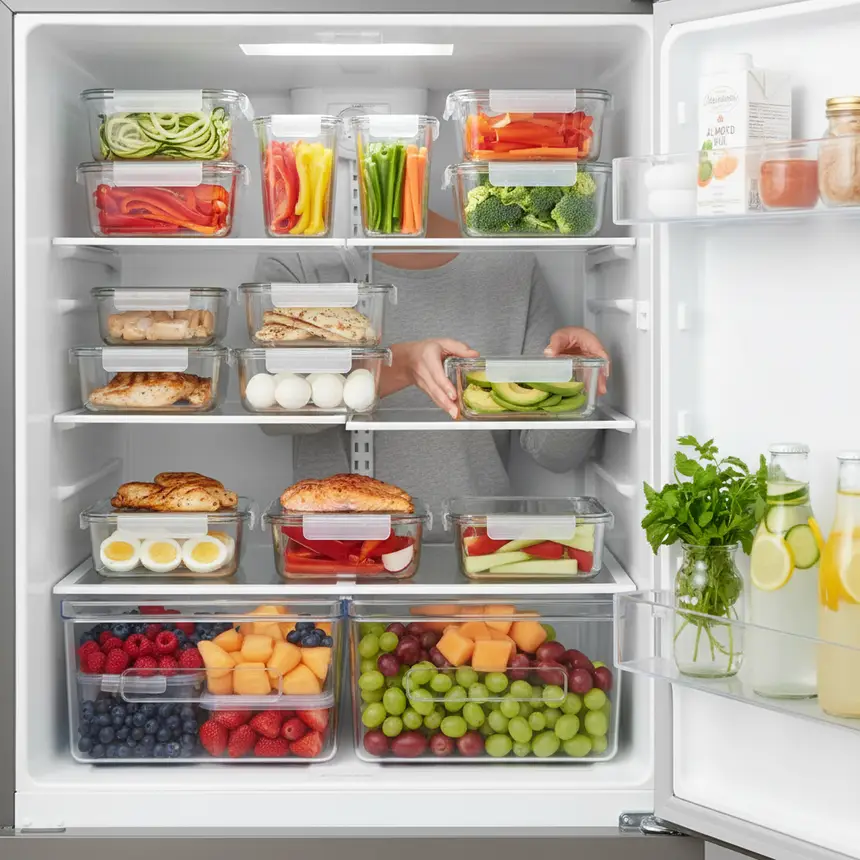 Organized fridge, meal prep containers, healthy ingredients