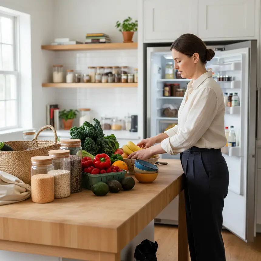 Person organizing groceries in a neat kitchen