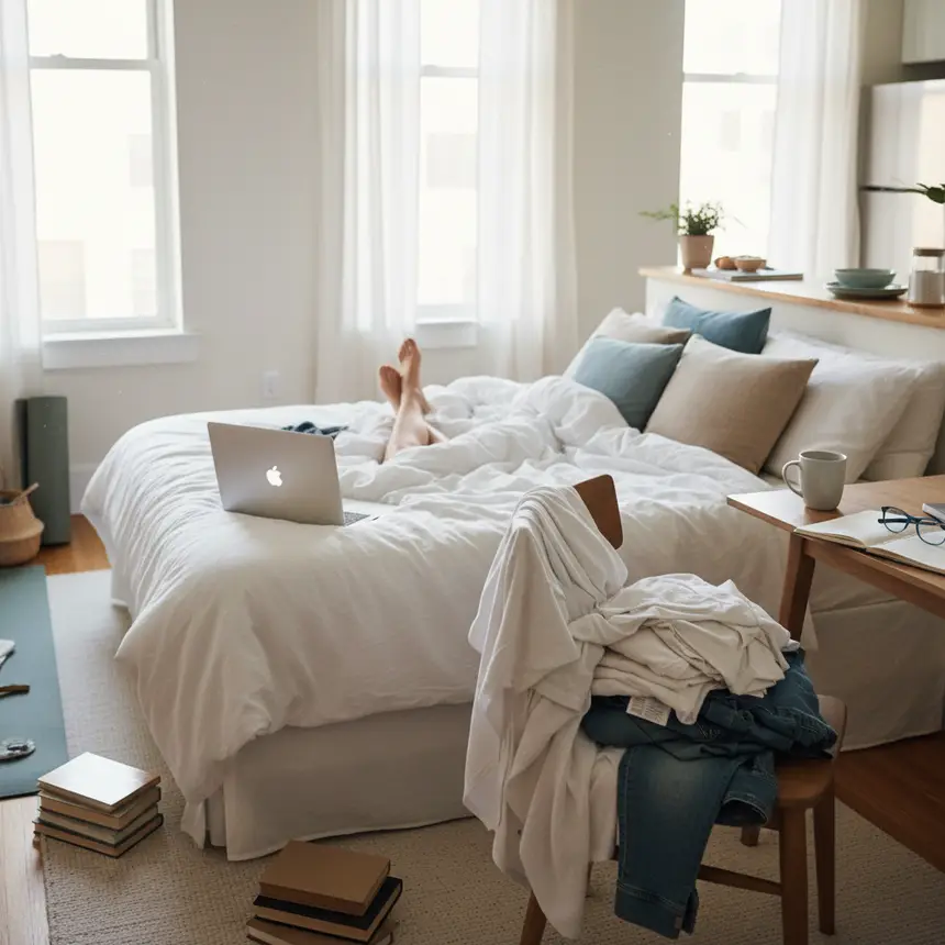 Cluttered studio bedroom, laptop on bed, laundry chair