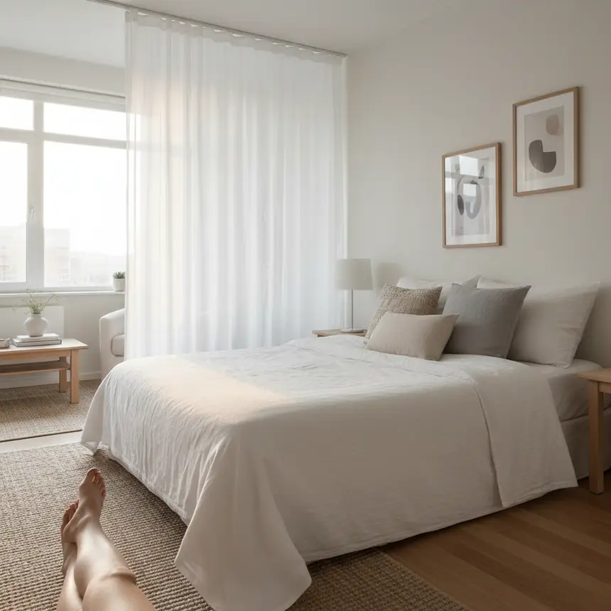 Tidy minimalist studio bedroom, warm light, sheer curtain