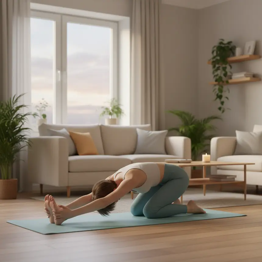 Person stretching in apartment living room, evening