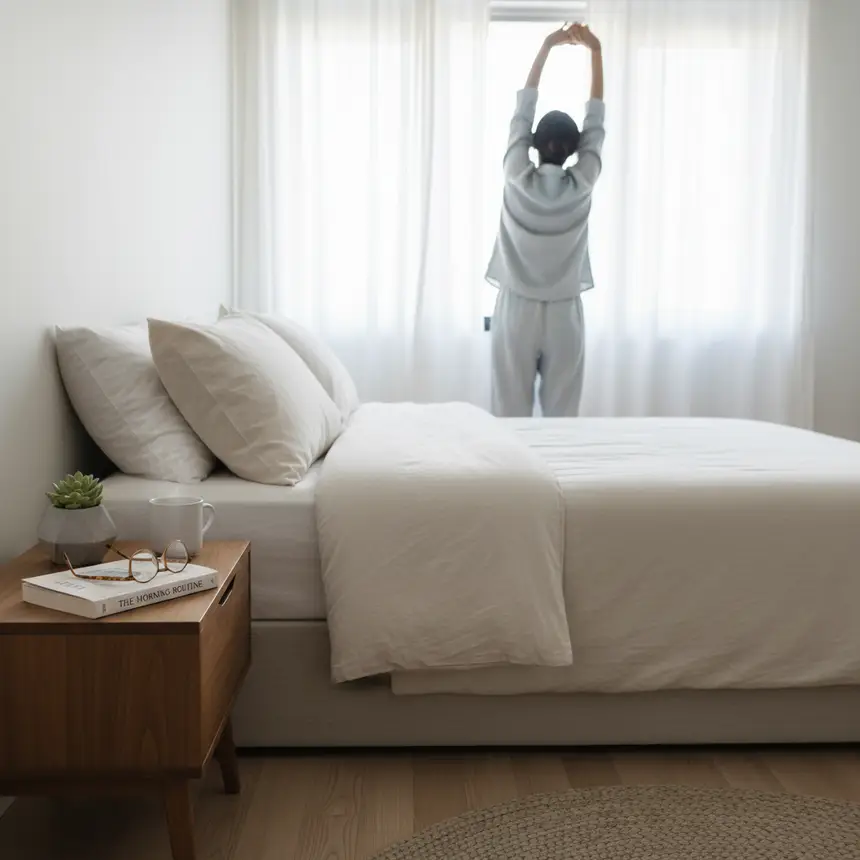 Tranquil bedroom, soft morning light, book on nightstand