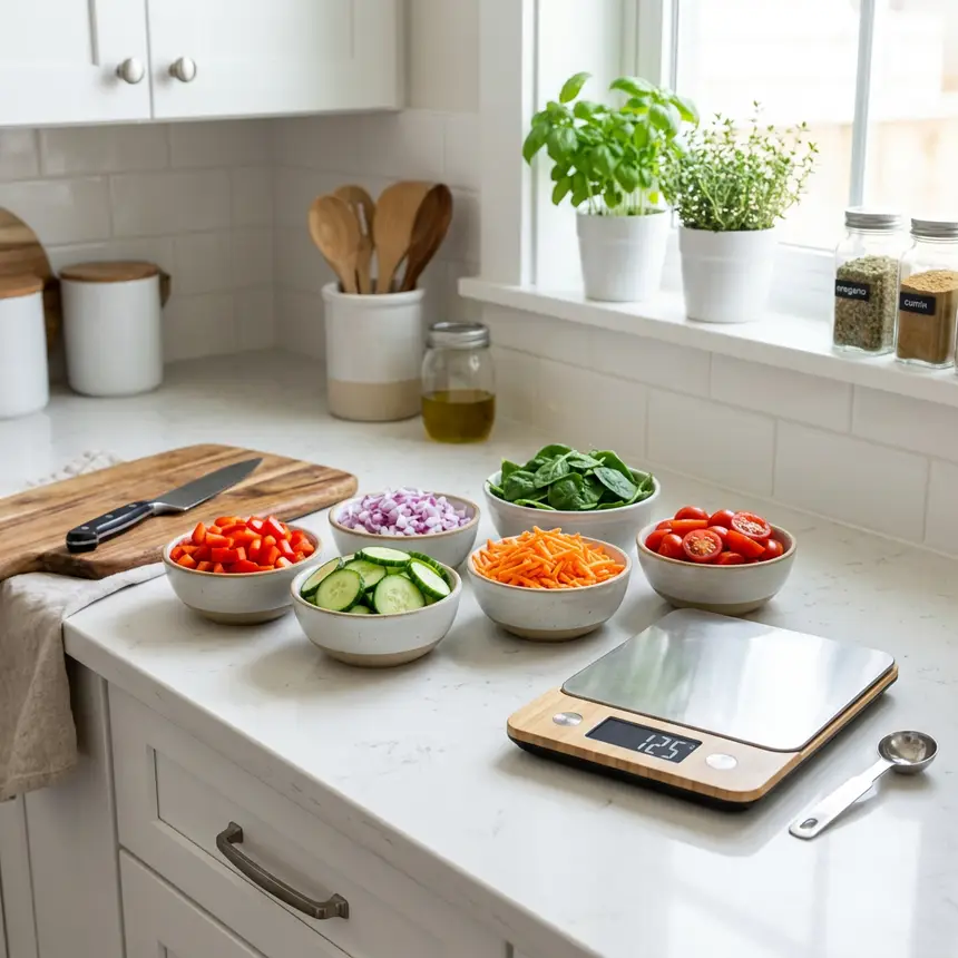 Prepped ingredients and measuring tools