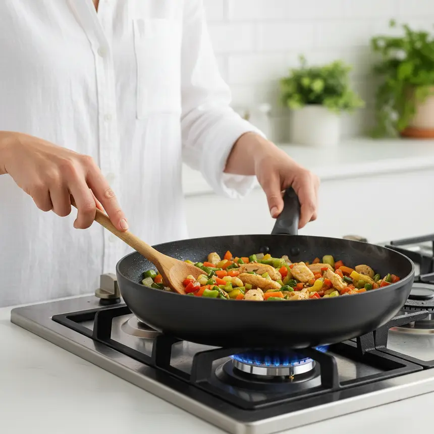 Cooking on stove, adjusting flame