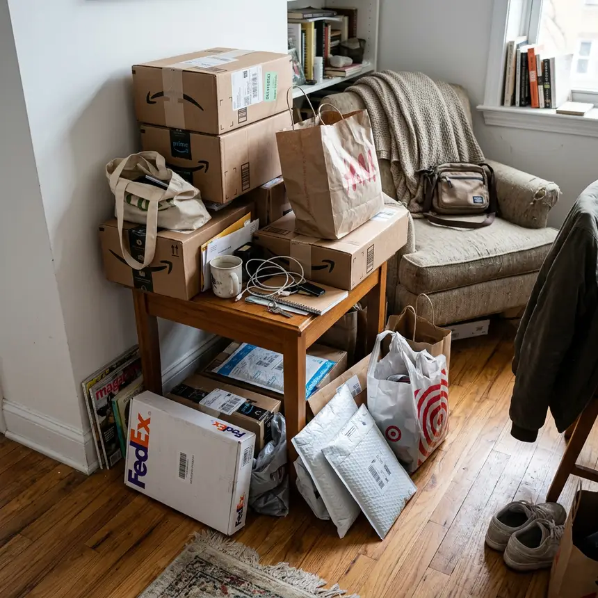 Cluttered studio apartment, scattered packages