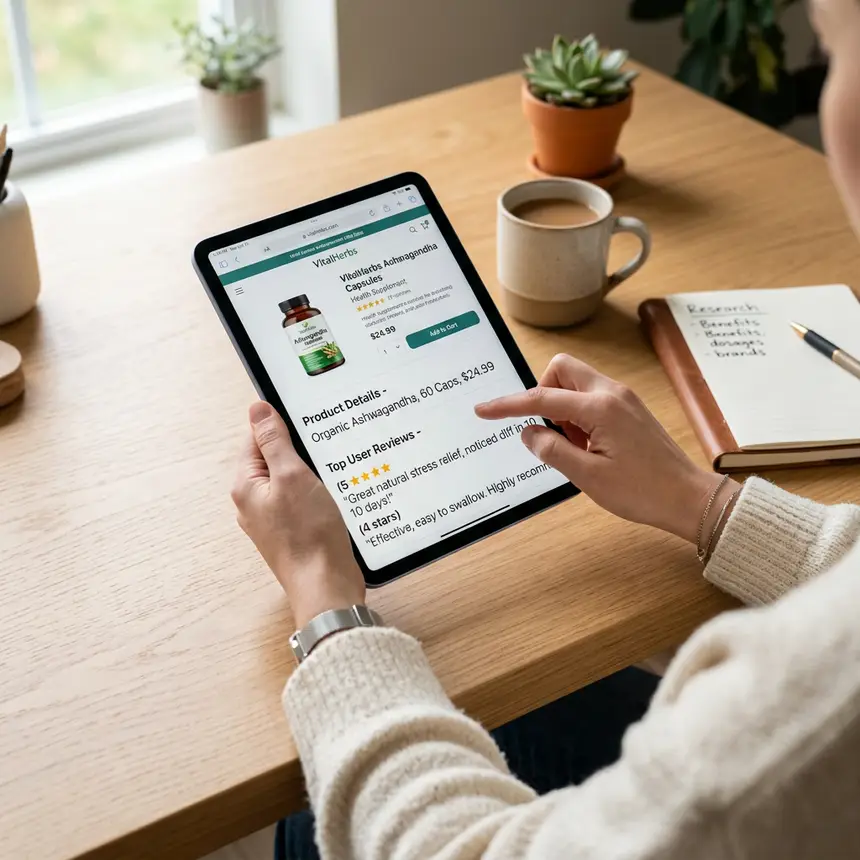 Reviewing product details on tablet, online buying strategy
