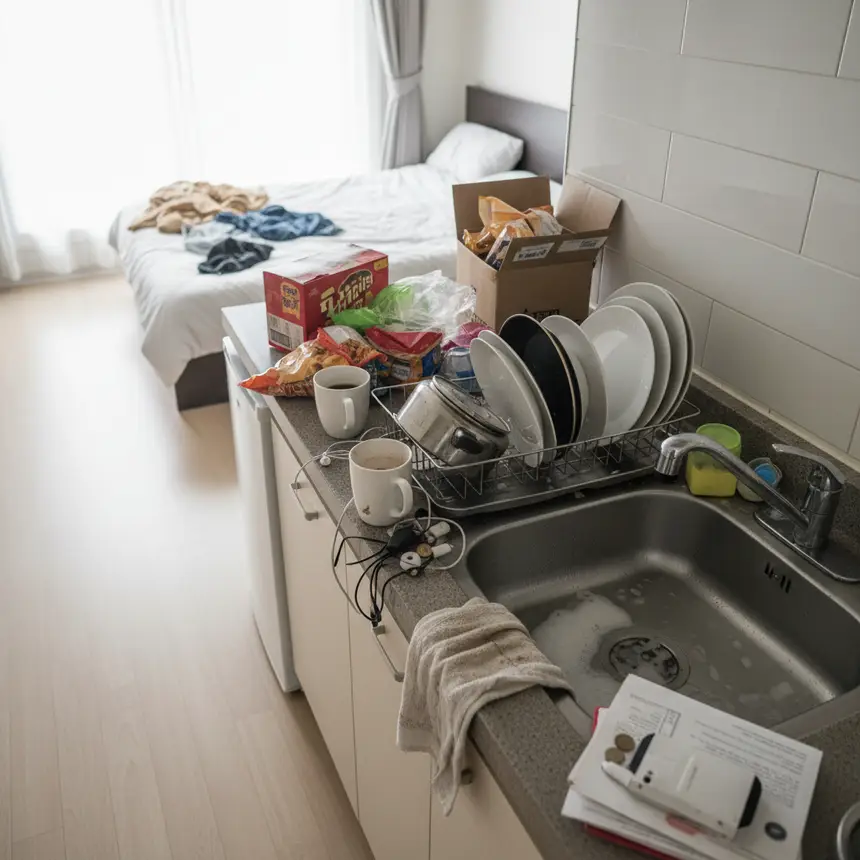 Cluttered kitchen area