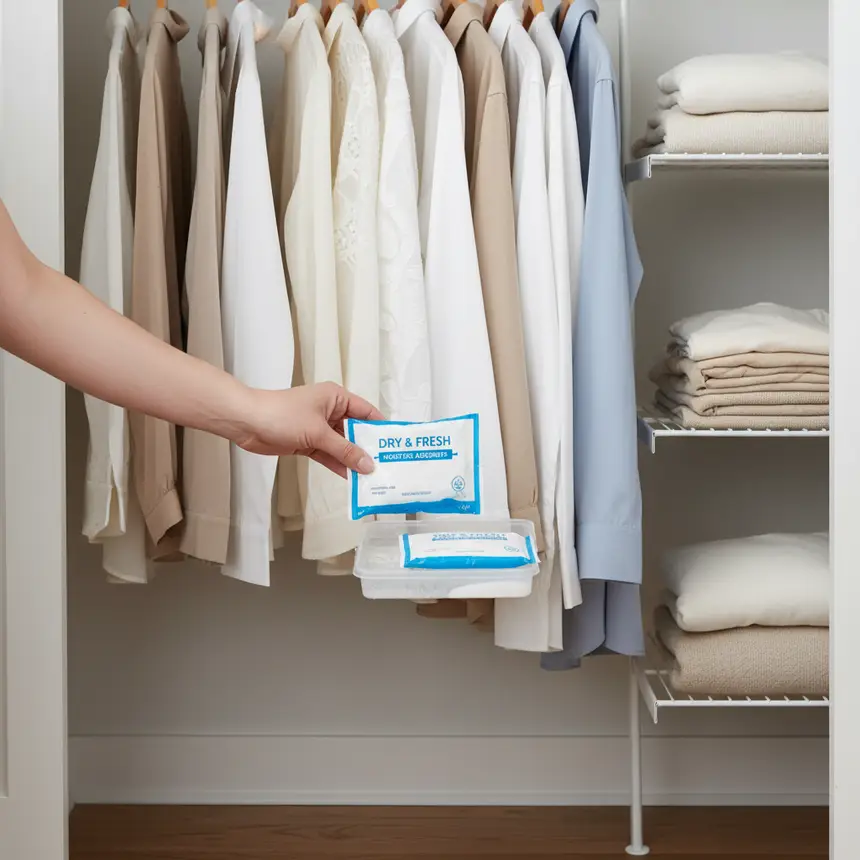 Closet moisture control, dehumidifier use, organized wardrobe