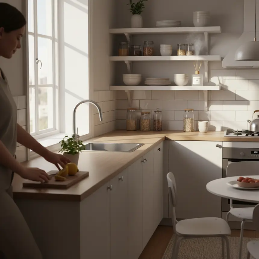 Organized kitchen, ventilating space, fresh studio apartment