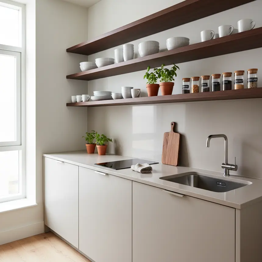 Organized kitchen wall shelves
