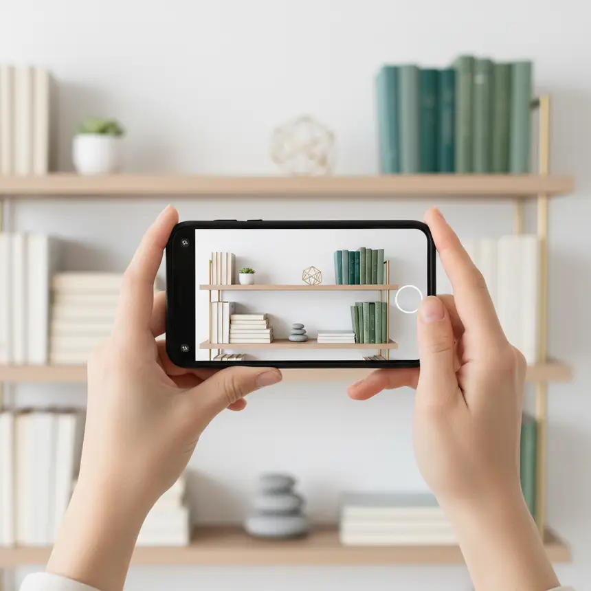 photographing organized shelf