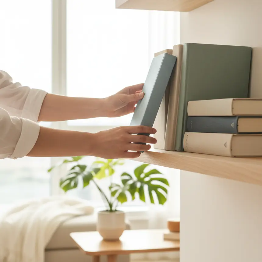 arranging books on shelf