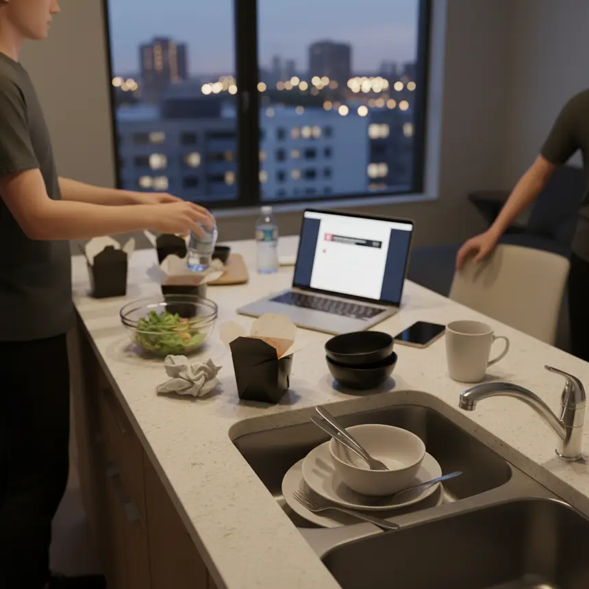 Cluttered kitchen, solo diet