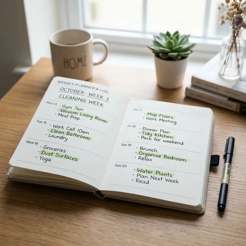 Weekly cleaning schedule, home care routine, organizing habits