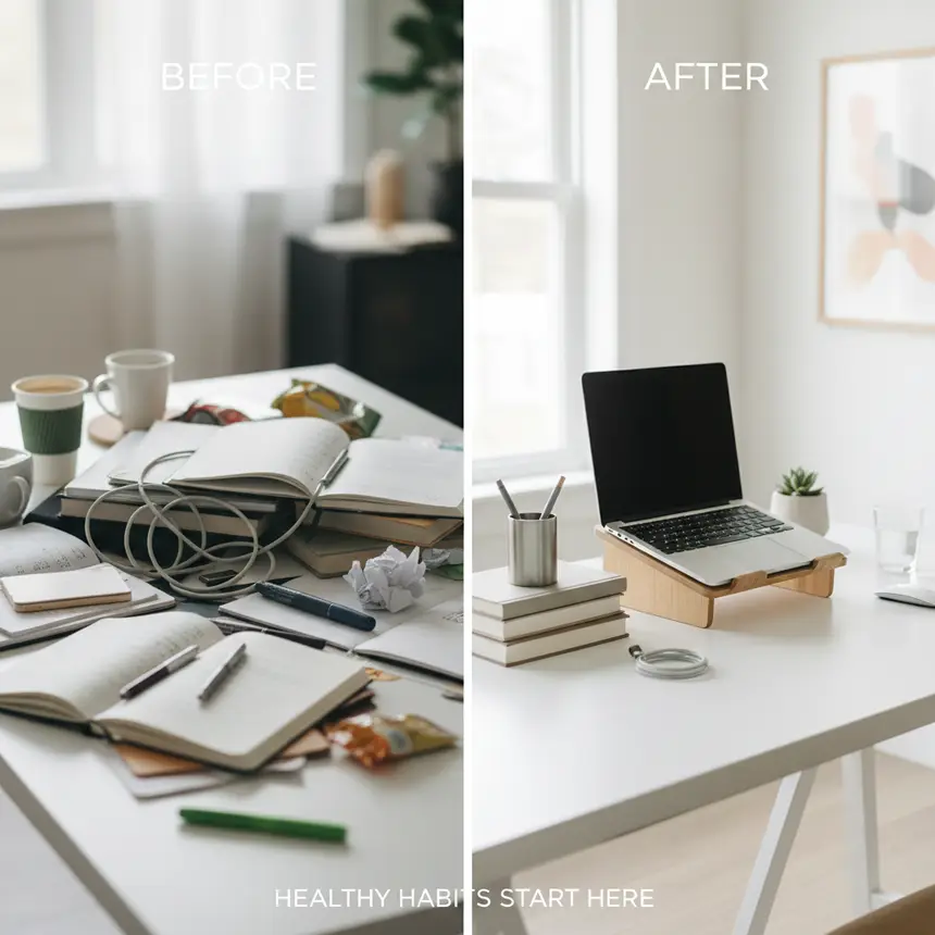 before and after desk organization