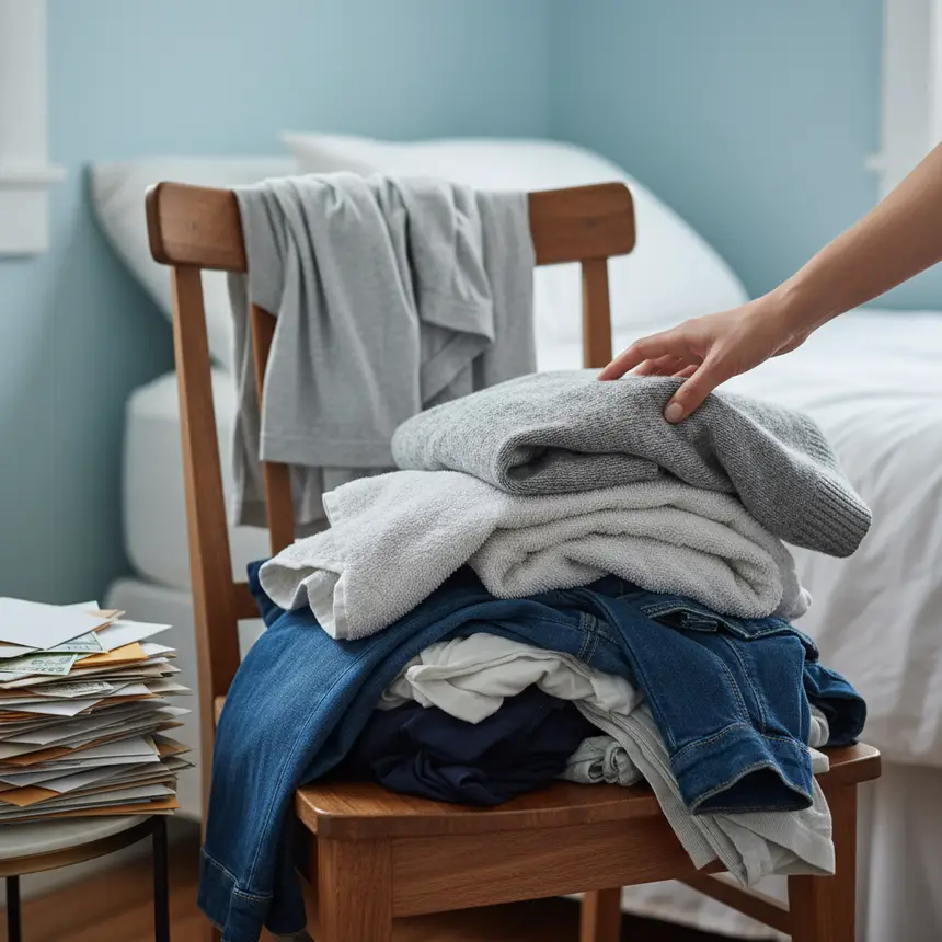 piles of clothes and clutter
