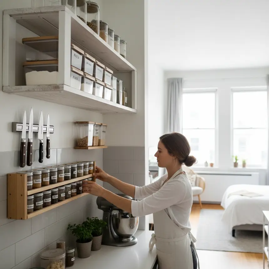 neatly organized kitchen shelf
