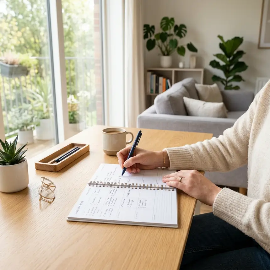 clean desk with planner