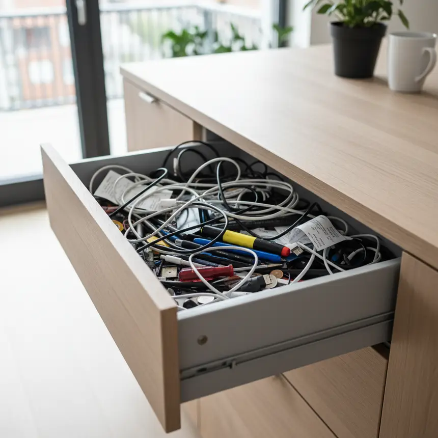 Cluttered drawer interior