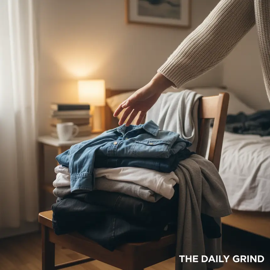 Hand reaching for clothes on a messy chair