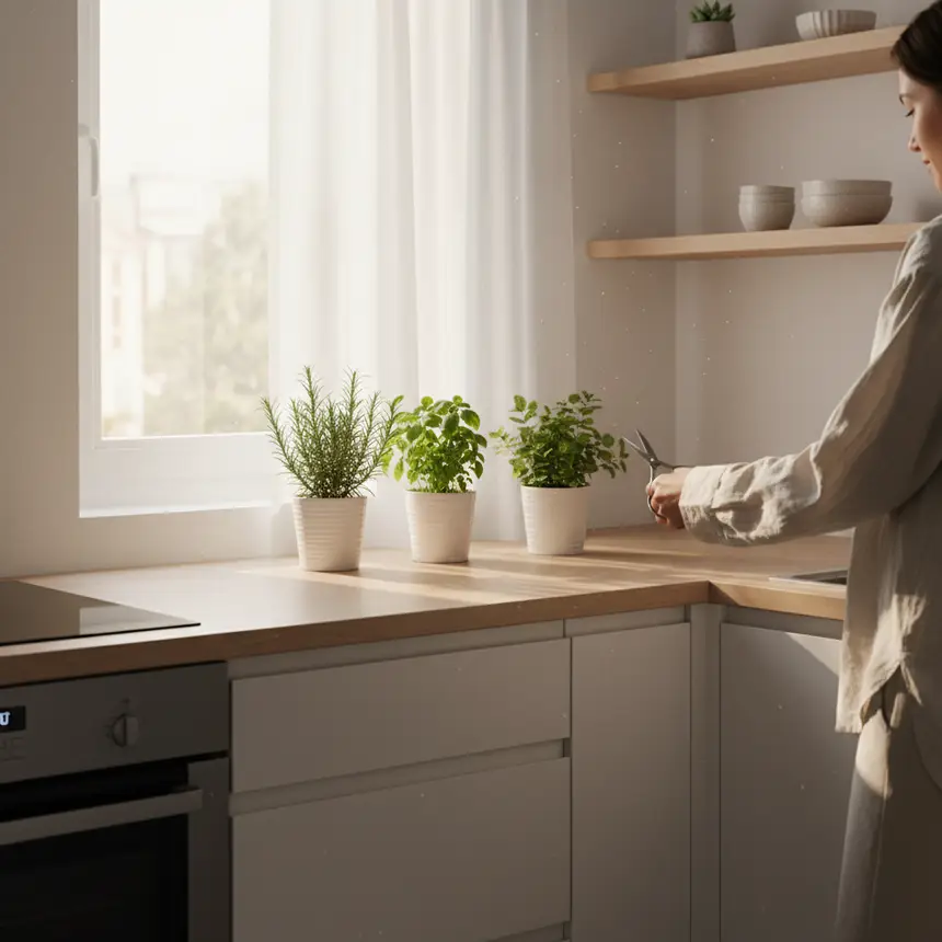 Organized minimalist kitchen, fresh space