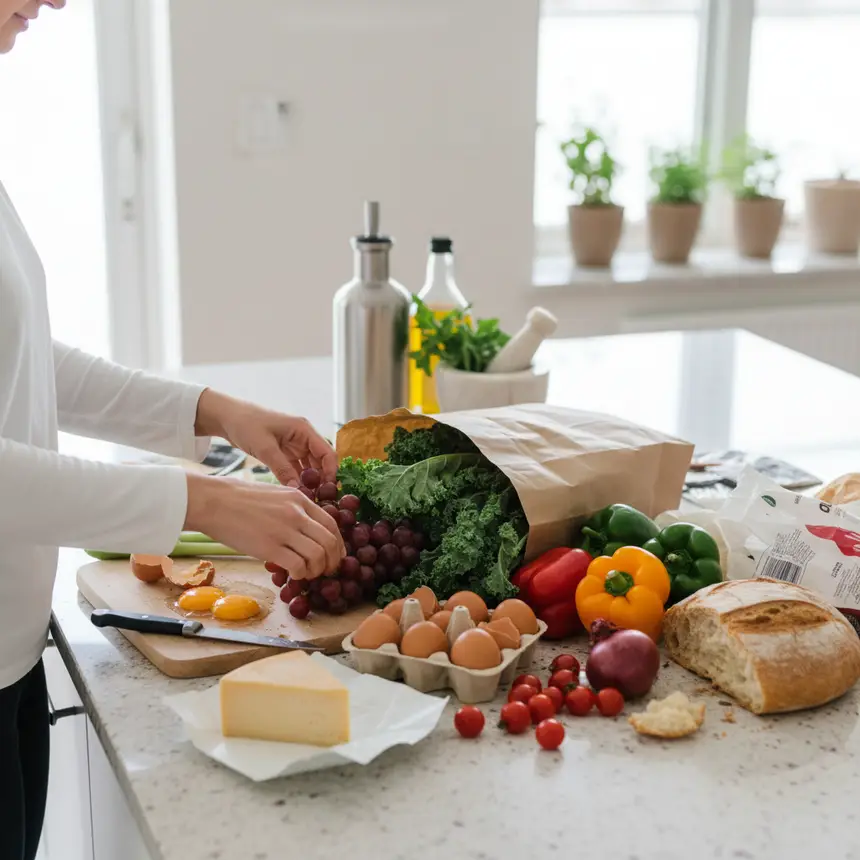 unorganized groceries on kitchen counter