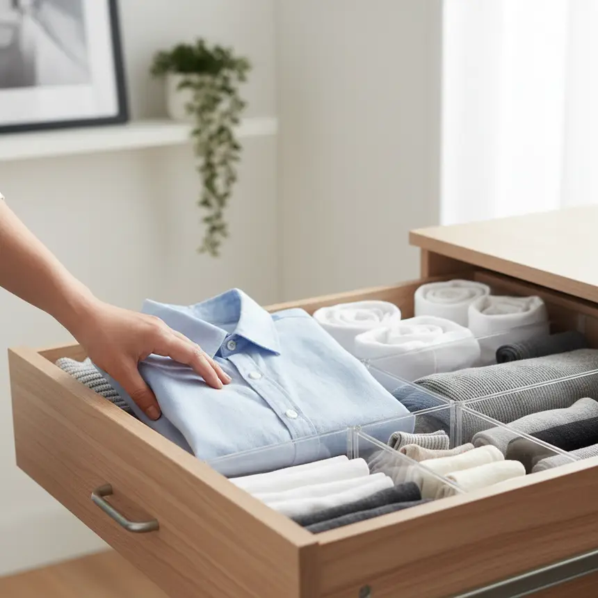 organizing clothes in a drawer