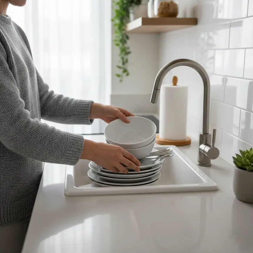 Organized kitchen sink with dishes